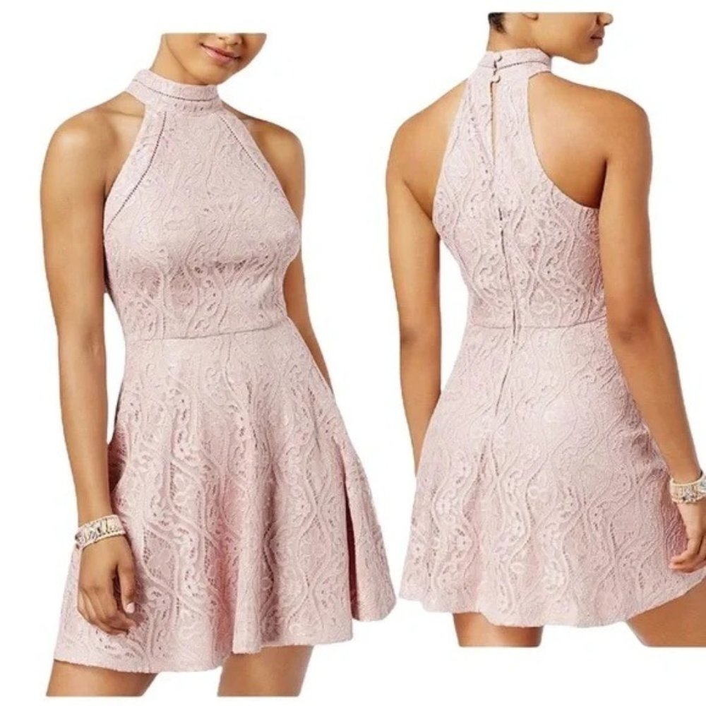 B. DARLIN Printed Mock-Neck Crochet-Trim Fit & Flare Dress Junior's 13/14